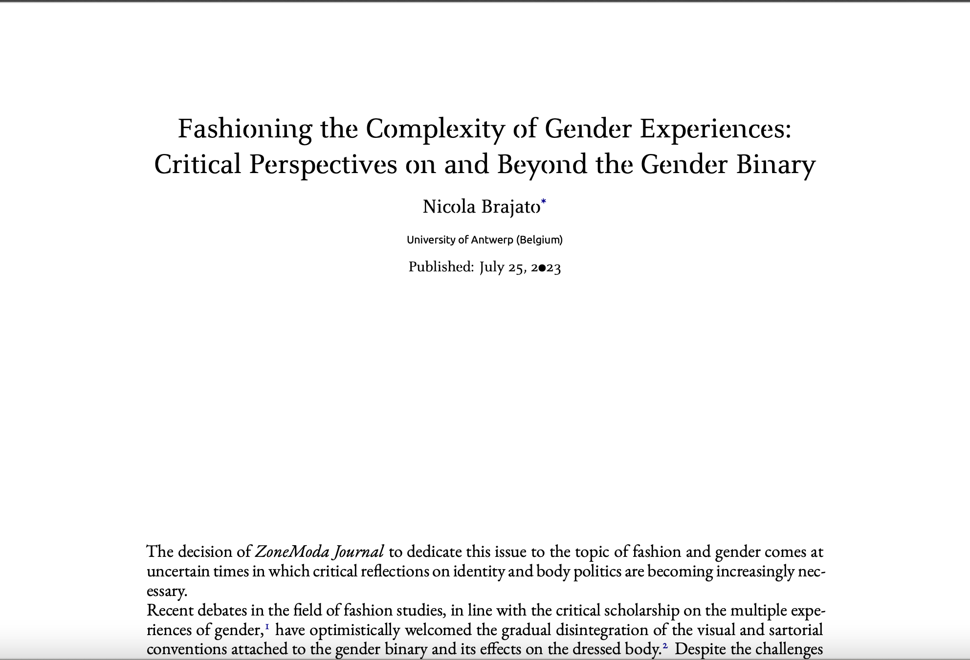 Fashioning the Complexity of Gender Experiences:Critical Perspectives on and Beyond the Gender Binary