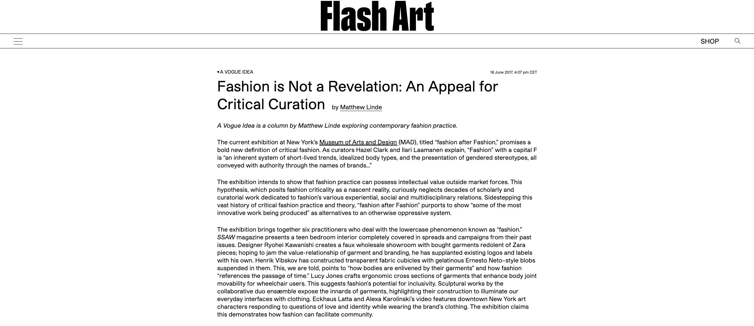 Fashion is Not a Revelation: An Appeal for Critical Curation 